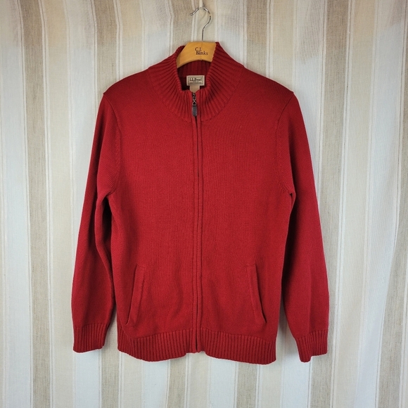 Vintage L.L. Bean 100% Cotton Full Zip Knitted Sweater Red Size‎ Large - Picture 1 of 9
